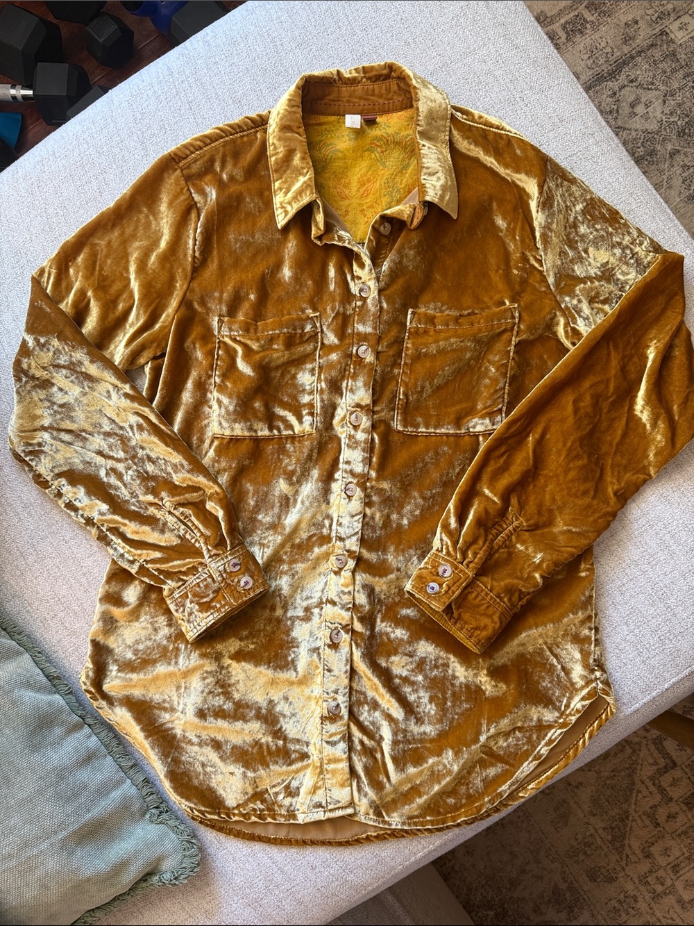 Pilcro Anthropologie Mustard Crushed Velvet Button Down Shirt XS
